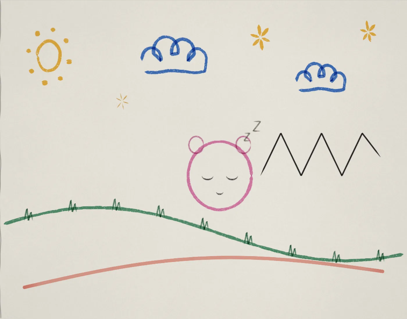 page a: a drawing of clouds, sun and a sleeping bear used as melody